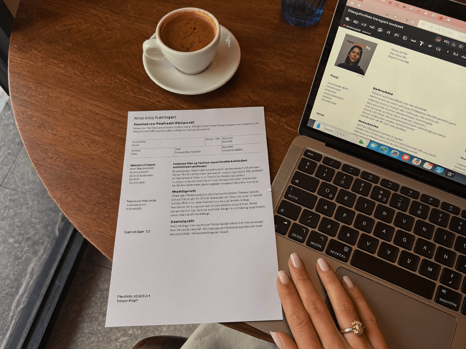 Kafe masasında basılı bir CV, açık dizüstü ve bir fincan Türk kahvesi